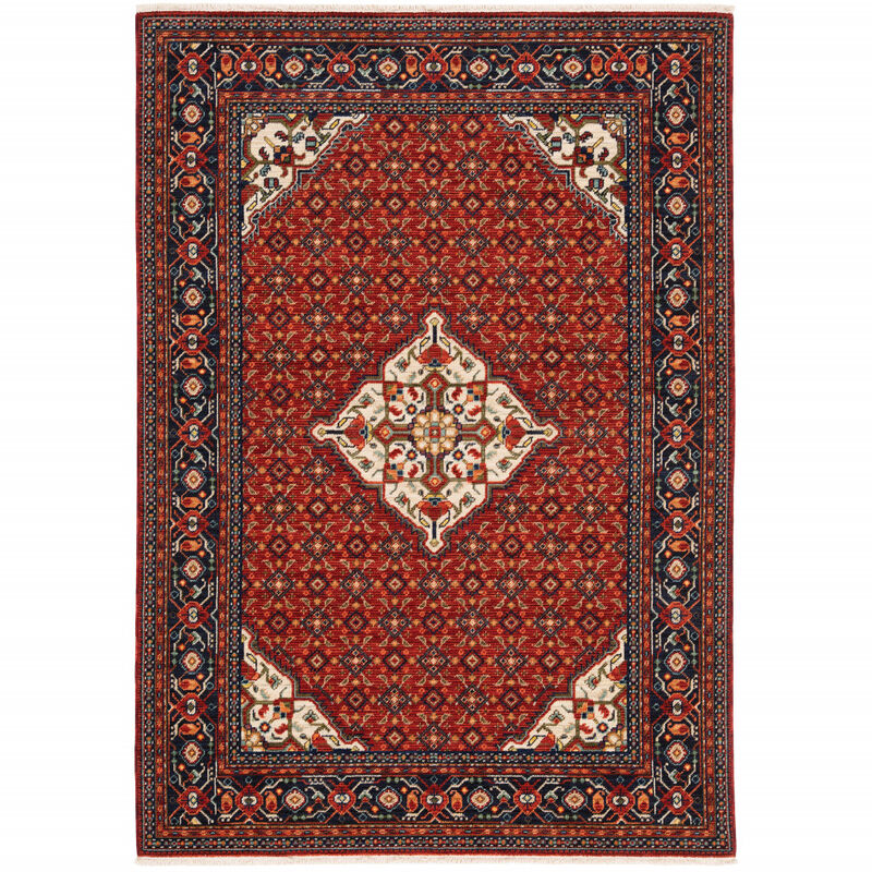 2 X 3 Red Blue Ivory And Orange Oriental Power Loom Stain Resistant Area Rug With Fringe
