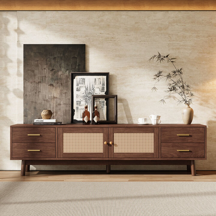 Merax Rattan TV Cabinet with Ample Storage, 2 Drawers, Cable Management, Sturdy Wood Legs