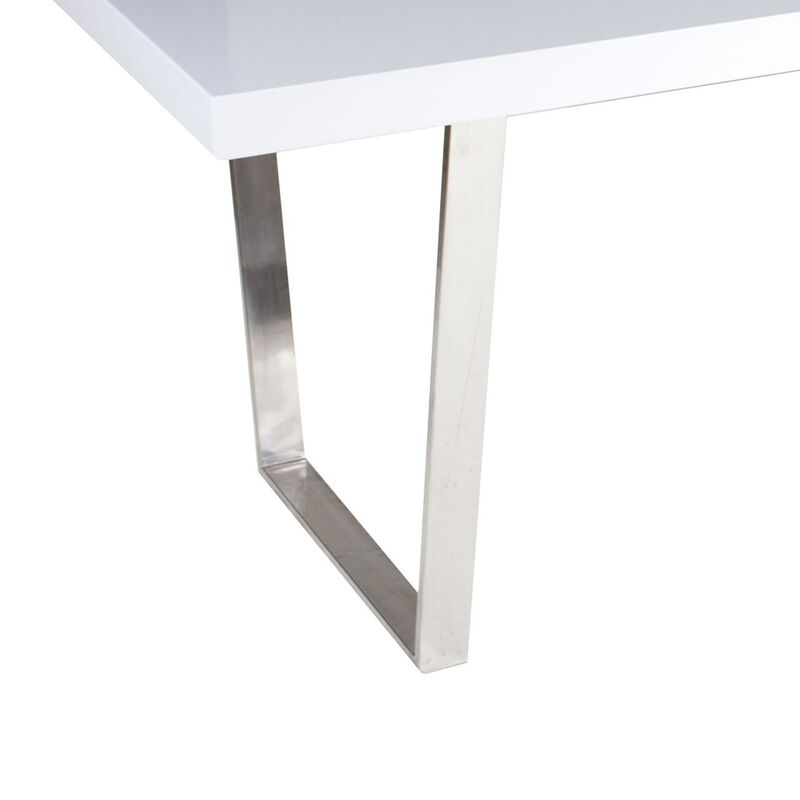 Ien 71 Inch Dining Table, Rectangular Top, Open Metal Panel, White Lacquer