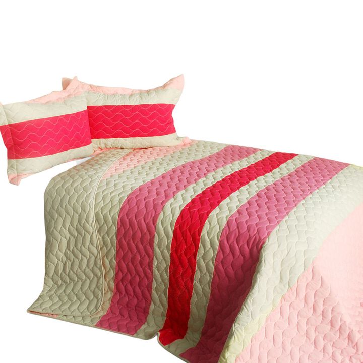 Vermicelli Quilted Patchwork Quilt Set 3 Piece for Cozy Bedroom Decor-Pink
