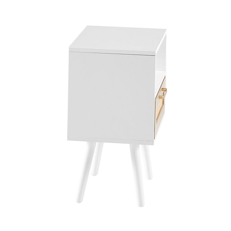 Rattan End table with drawer and solid wood legs, Modern nightstand, side table for living roon, bedroom, white image number 6