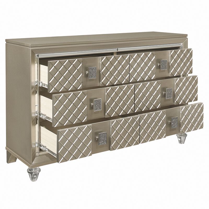 Loy Dresser, 55 Inch, 6 Drawers, Champagne Gold Metallic, Mirror Trim - Benzara