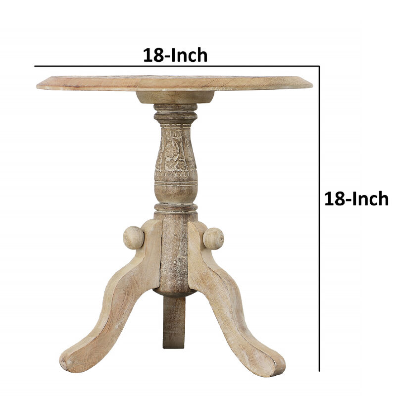 Intricately Carved Round Top Mango Wood Side End Table with Pedestal Base, Brown and White image number 6