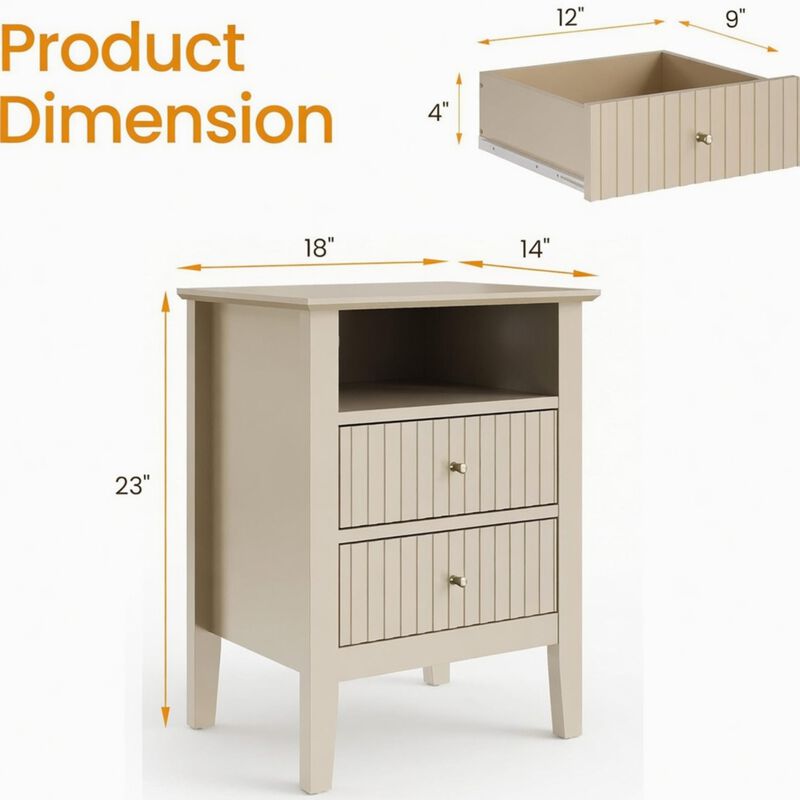 18" Assembled Fluted Nightstand 2-Drawer Gold Knobs image number 4