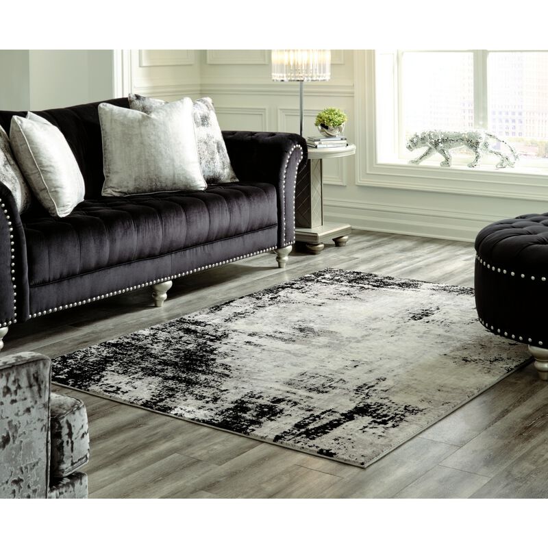 Benjara Jude 5 X 7 Modern Area Rug, Abstract Art Design, Fabric, Medium, Black, Gray, and Cream