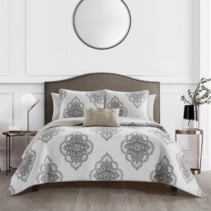 Chic Home Bentley Cotton Jacquard Quilt Set Medallion Embroidered Bedding - Decorative Pillows Shams Included - 4 Piece - King 106x92", Beige