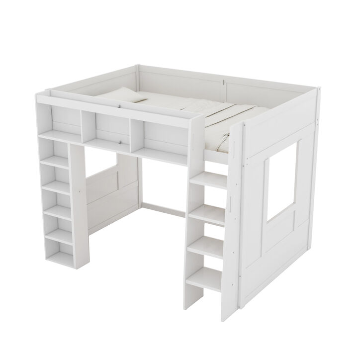 Merax Queen Wooden Loft Bed with Storage Cabinets