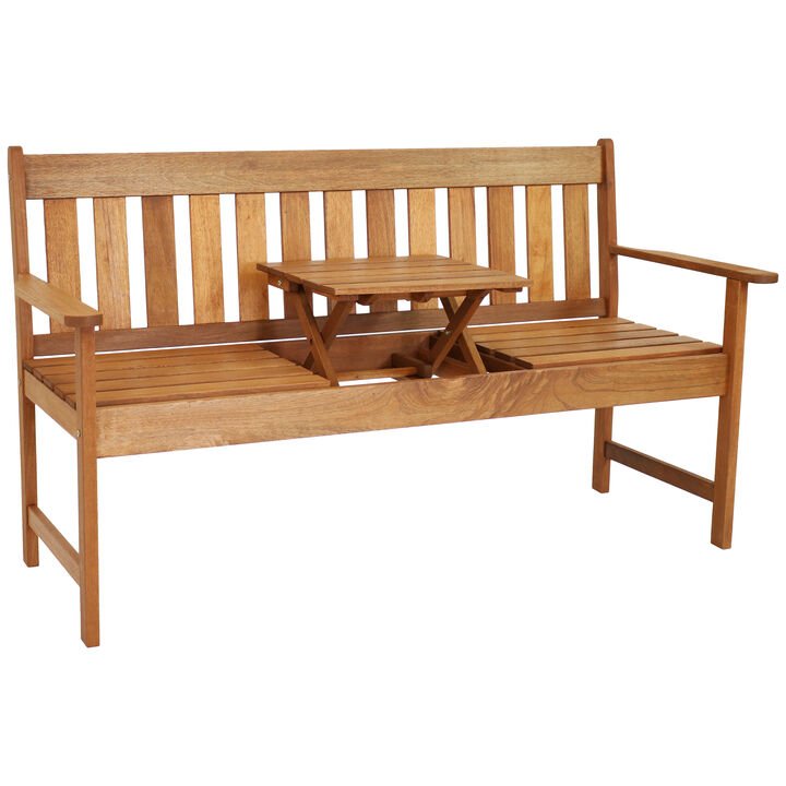 Sunnydaze 2-Person Meranti Wood Outdoor Bench with Pop-Up Table
