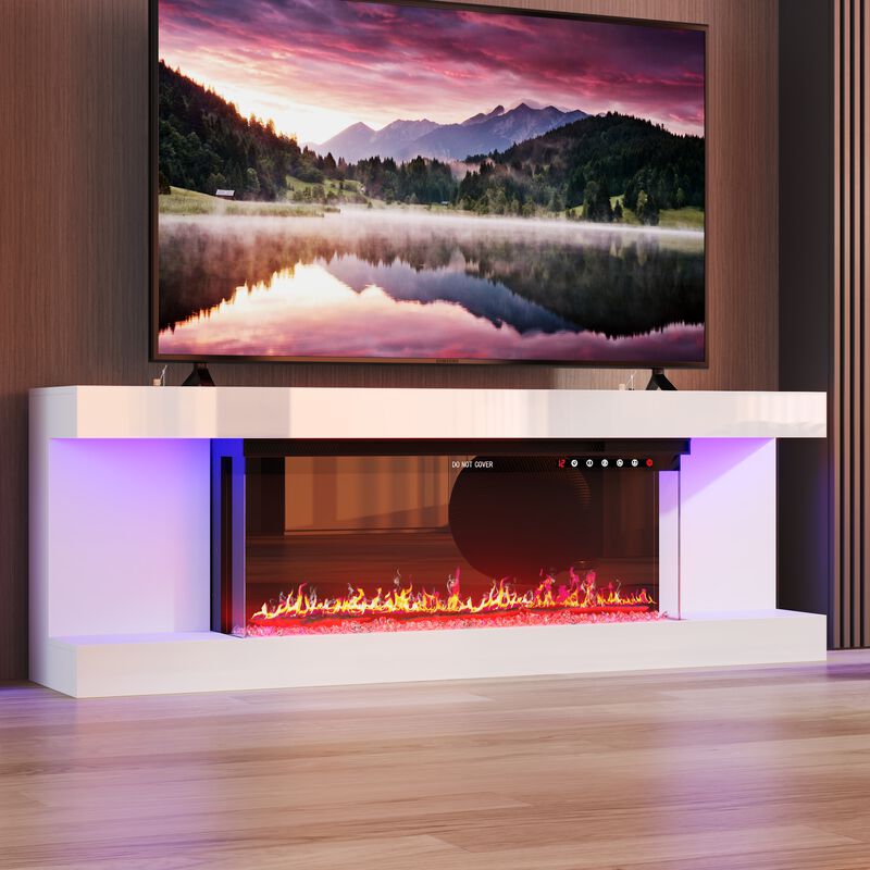 FUFU&GAGA Modern TV Stand with Built-in LED Fireplace (66.5" W x 23.2" H x 13.8" D),White