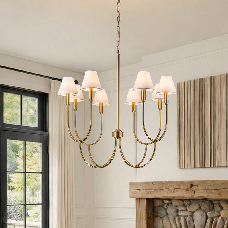 8-Light 32-Inch Mid-century Modern Satin Brass Large Chandelier with White Linen Fabric Shades For Dining Room or Foyers image number 1