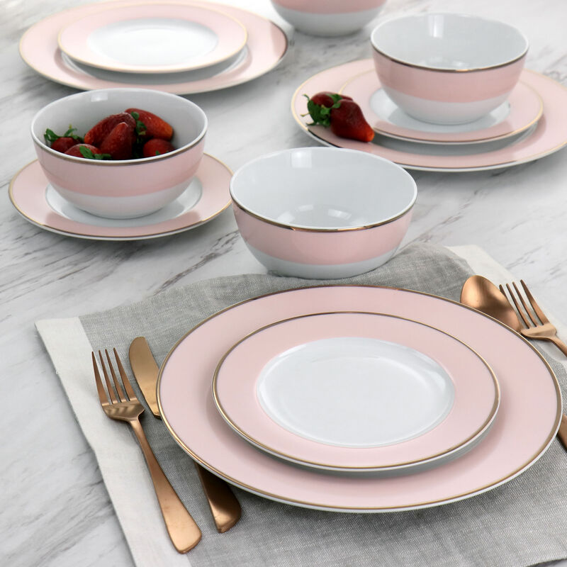 Martha Stewart Gold Rimmed 12 Piece Fine Ceramic Dinnerware Set in Pink image number 7