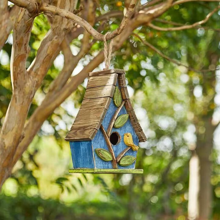 Hivvago Farmhouse Solid Wood Hanging Birdhouse in Blue Green Yellow Brown