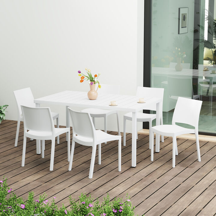 WestinTrends 7-Piece Outdoor Rectangular Metal Patio Dining Table Set With Stackable Resin Patio Side Chairs