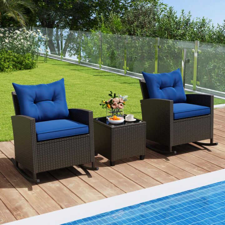 Hivvago 3-Piece Patio Rattan Roker Chairs with Tempered Glass Table and Soft Cushions