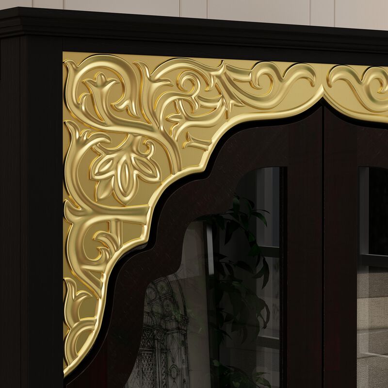 FUFU&GAGA Classic Display Bookcase with Glass Doors & Drawer, Solid Wood Front & Ornate Golden Details, (31.5 in. W x 15.7 in. D x 70.9 in. H), Black and Gold