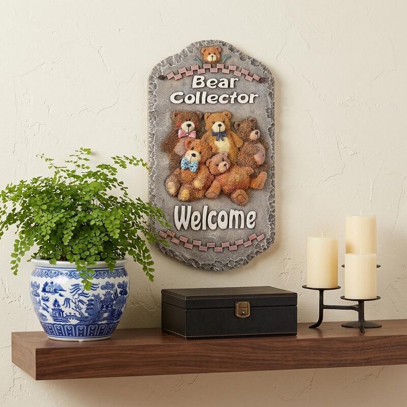 HomeRoots 13" X 8" Gray Brown And Cream Bear Welcome Resin Wall Decor image number 1