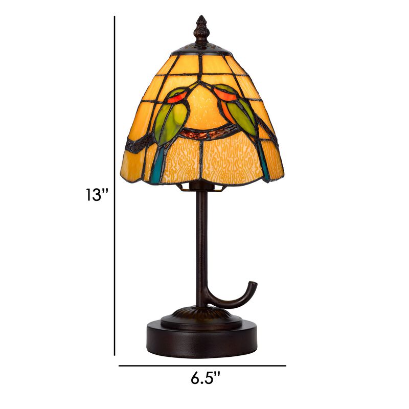Eli 13 Inch Accent Lamp, Painted Avian Pair Tiffany Style Shade, Multicolor-Benzara