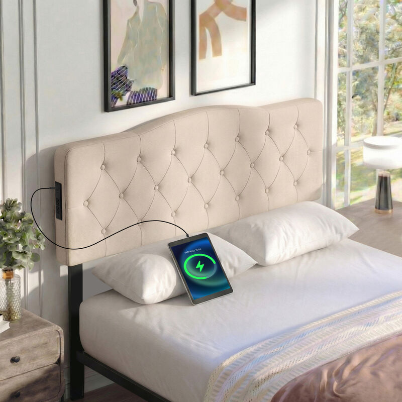 Upholstered Tufted Headboard for Full and Queen Beds with 2 Power Outlets image number 5