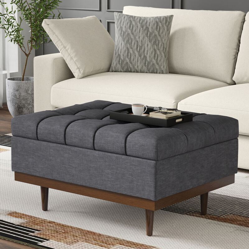 Mariah 34 inch Wide Contemporary Rectangle Coffee Table Storage Ottoman in Slate Grey  Polyester Linen, Assembled