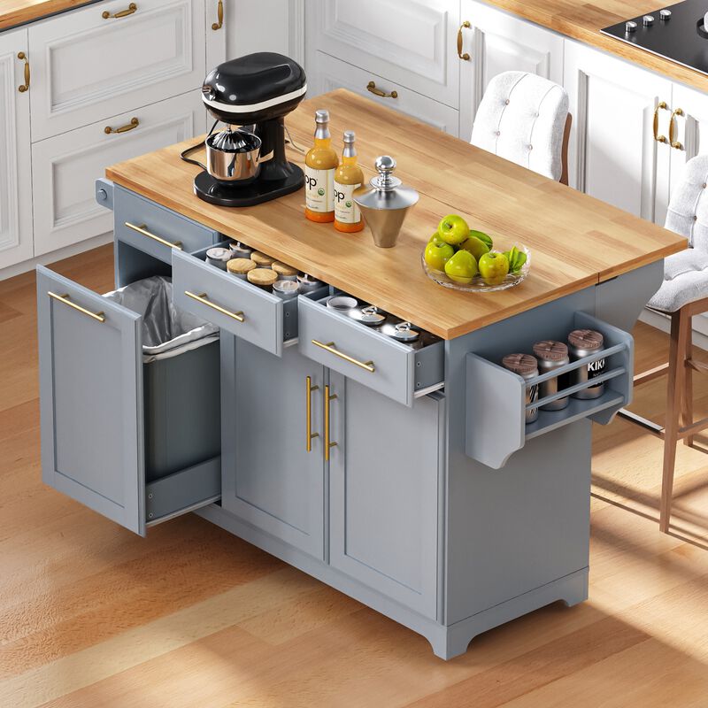 Merax Rolling Kitchen Cart with Trash Storage, Pull-Out Shelves, 3 Drawers, Drop Leaf Side Table image number 2