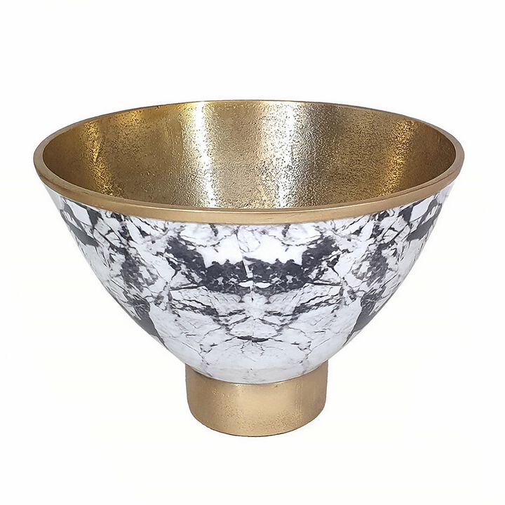 Sinzo 10 Inch Tapered Bowl, Gold Aluminum, Textured Design, Black, White  - Benzara