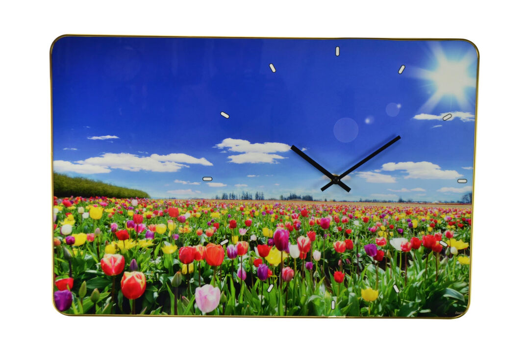 HomeRoots 24" Blue Red And Gold Solid Wood and Acrylic Silent Tulips Floral Wall Clock