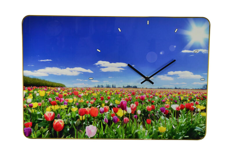 HomeRoots 24" Blue Red And Gold Solid Wood and Acrylic Silent Tulips Floral Wall Clock image number 0