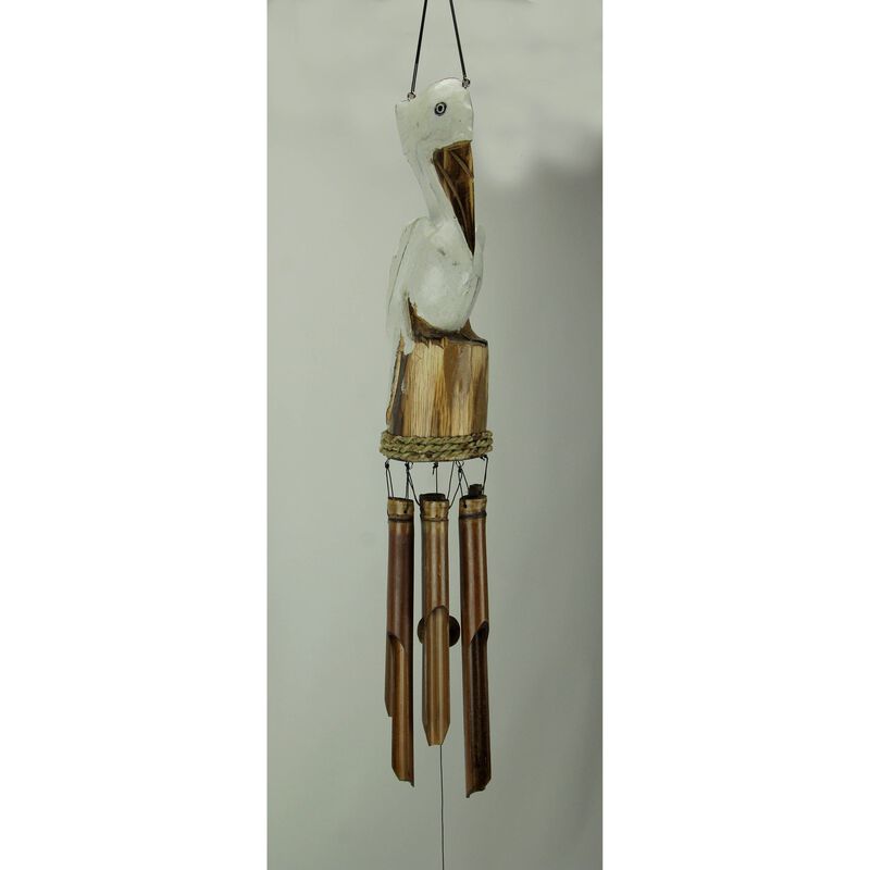 White Hand Carved Wood Coastal Perched Pelican Wind Chime For Garden Yard Patio image number 1