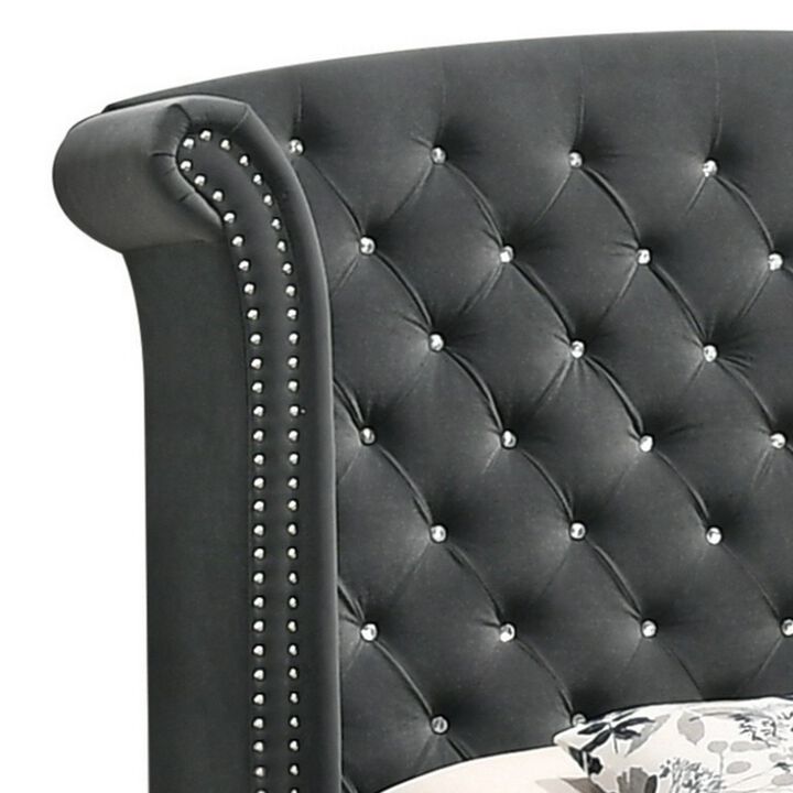 Giya Wingback King Bed, Tufted Headboard, Nailed Gray Velvet Upholstery - Benzara