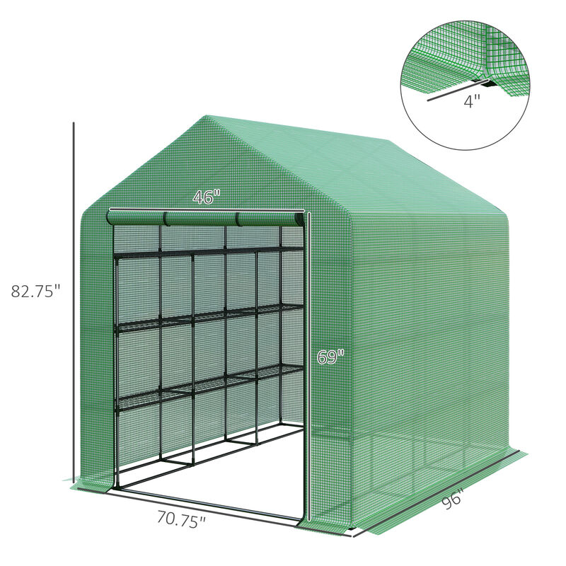Outsunny 8' x 6' x 7' Walk-in Greenhouse with Mesh Door and Windows, 18 Shelf Hot House with Trellis, Plant Labels, UV protective for Growing Flowers, Herbs, Vegetables, Saplings, Green