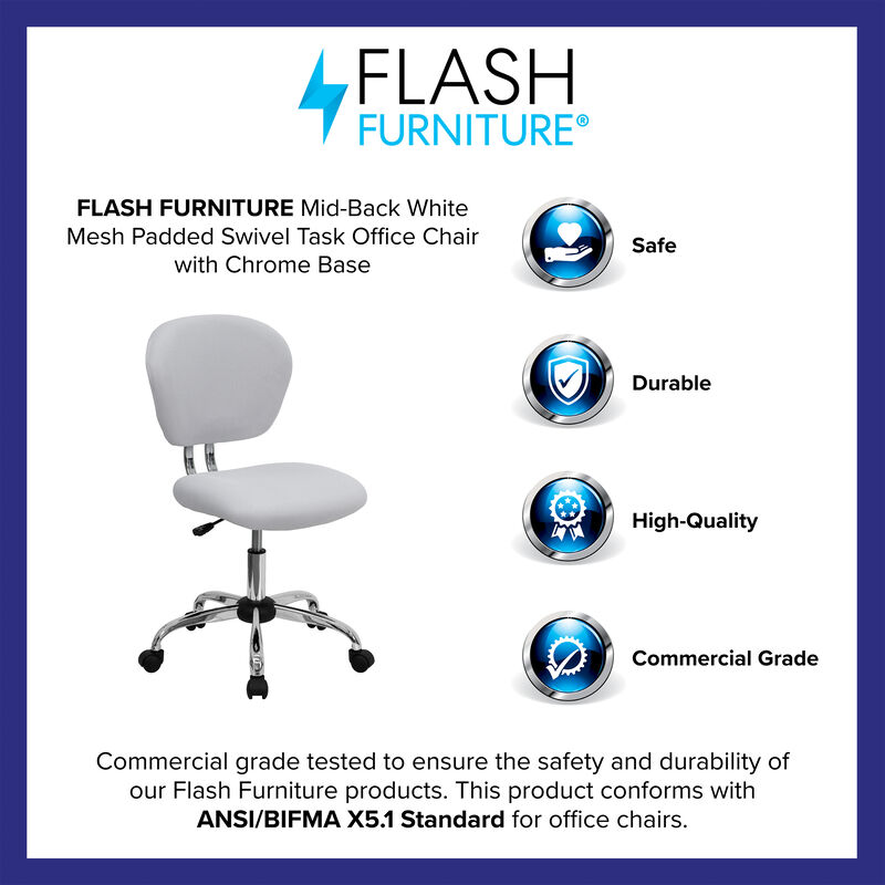 Beverly Mid-Back White Mesh Padded Swivel Task Office Chair with Chrome Base image number 9