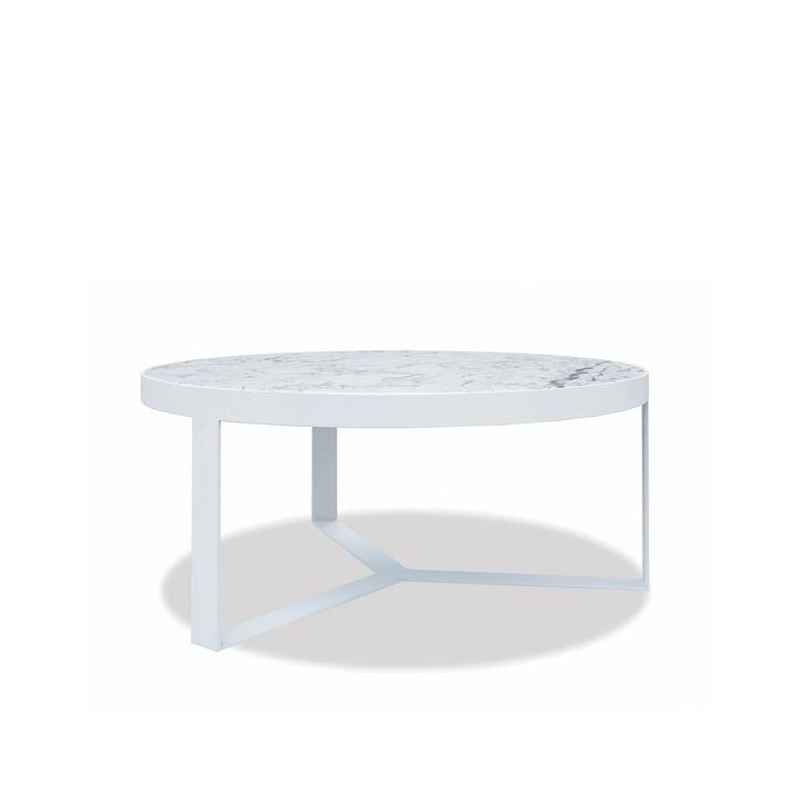 Contemporary 38" Round Coffee Table, Frost Finish with Carrara Marble Top