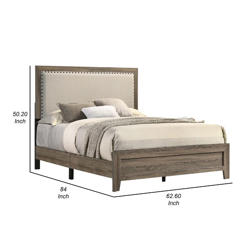 Shannon Queen Panel Bed with Nailhead Trim, Ivory Fabric, Gray Wood