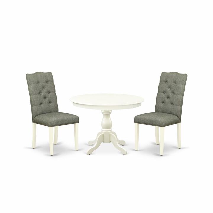 East West Furniture HBEL3-LWH-07 3 Piece Dining Room Set - Linen White Wood Dining Table and 2 Smoke Linen Fabric Mid Century Modern Chairs Button Tufted Back with Nail Heads - Linen White Finish