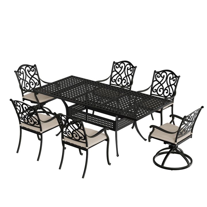 Mondawe 7-Piece Cast Aluminum Outdoor Dining Set with 1 Rectangle Extendable Table 4 Dining Chairs 2 Swivel Rockers with Cushion