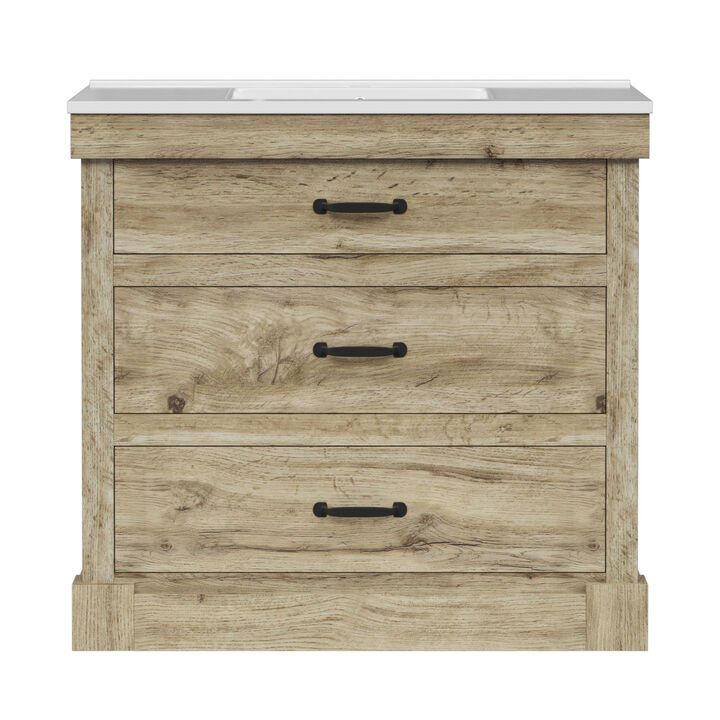 Teamson Home Donovan 36" Single Bathroom Vanity with Integrated Square Sink and Two Drawers, Light Oak