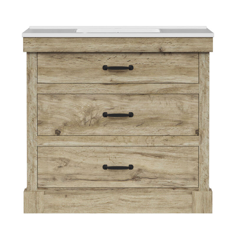 Teamson Home Donovan 36" Single Bathroom Vanity with Integrated Square Sink and Two Drawers, Light Oak image number 1