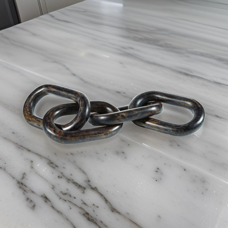 Delby Tabletop Sculpture Home Decor, Wood Link Chain, Distressed Black - Benzara