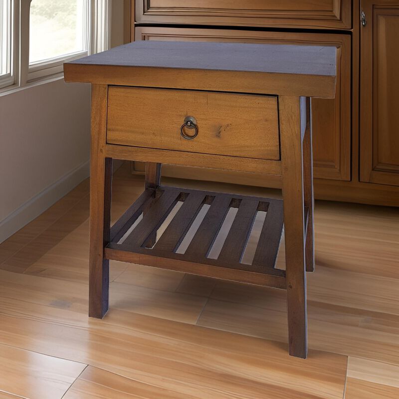26 Inch Side Table, Classic Look, Drawer, Slatted Shelf, Modern Wood Brown
