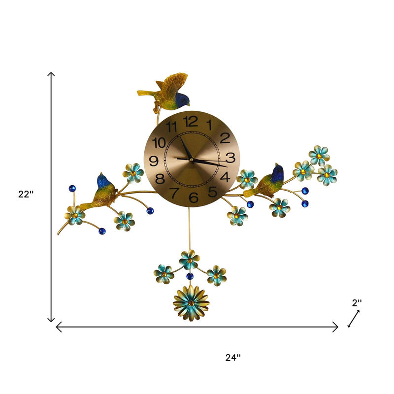 HomeRoots 24" Blue Green And Gold Metal Silent Pendulum Floral Wall Clock image number 4