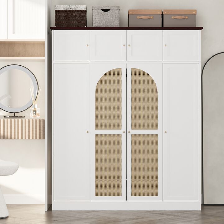 70.87"Tall 8-Door Large Capacity Armoire Wardrobe Closet with Hanging Rod, Adjustable Shelves and Rattan Decorative Doors, Clothing Storage Cabinet