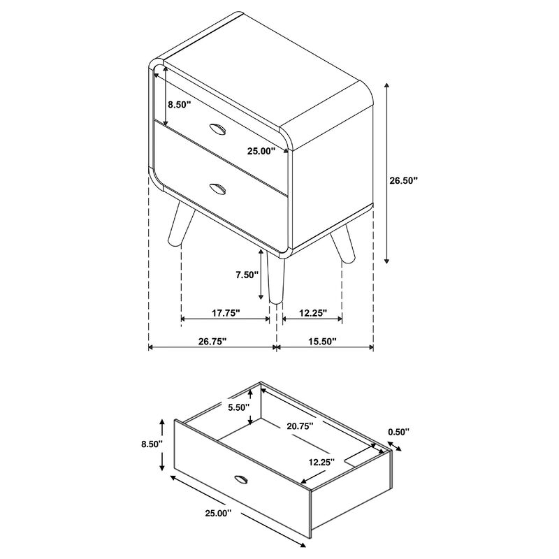 Ryb Nightstand with 2 Drawers, Curved Corners, Light Ash Wood 27 Inch image number 7