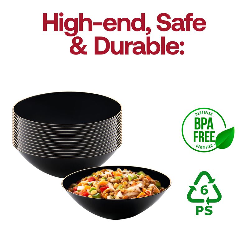 16 oz. Black with Gold Rim Organic Round Plastic Soup Bowls (60 Bowls) image number 5