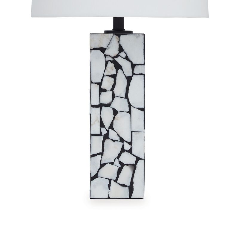 28 Inch Table Lamp, Drum Shade, Black and White Mosaic Marble Art Resin - Benzara