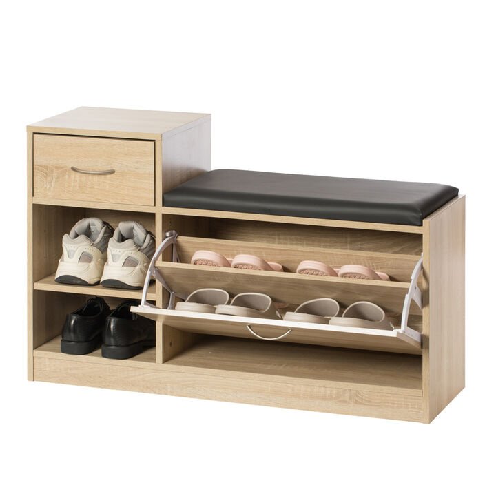 Wooden Entryway Shoe Storage Bench with Cushion, Oak