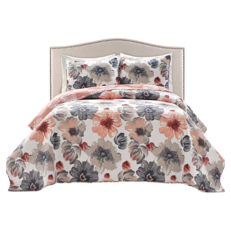 Hivvago Coral Grey Flowers Lightweight Polyester Microfiber Quilt Set