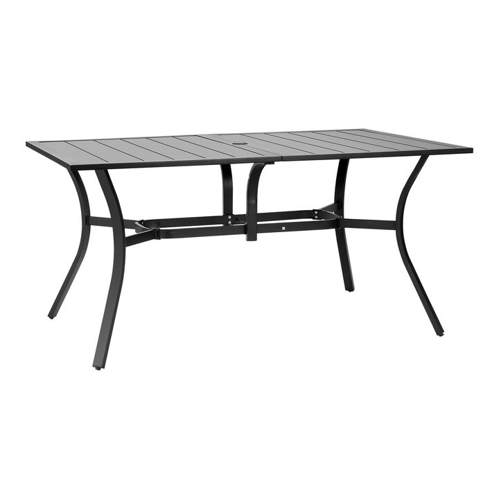 Rectangular Outdoor Dining Table, Steel Slat Patio Table with Umbrella Hole - Black