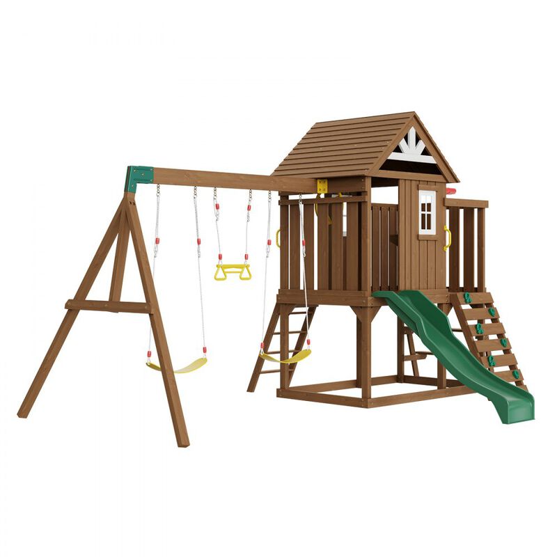 Backyard Wooden Swing Set with Slide and Upper Play Fort for Kids