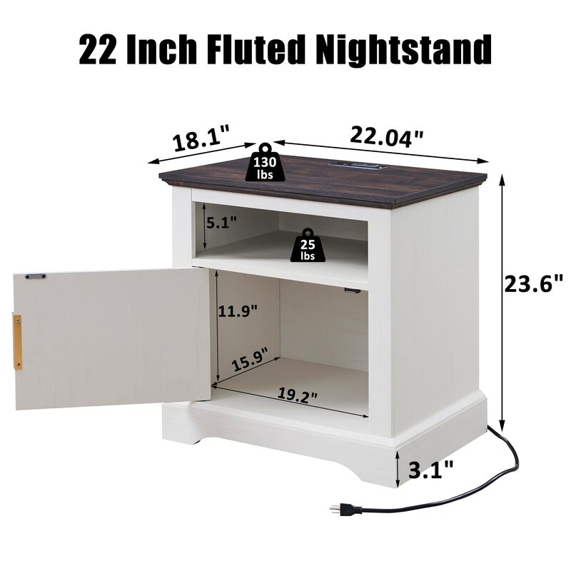 Fluted Wood Nightstand with USB & AC Charging, 22" Wide Side Table, Open Shelf