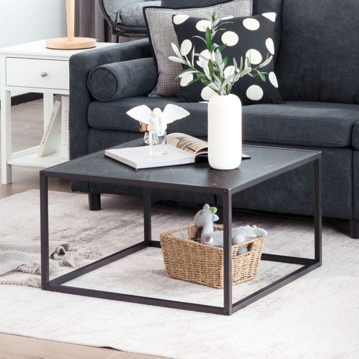 Modern Glass Square Coffee Table with Metal Frame for Living Room